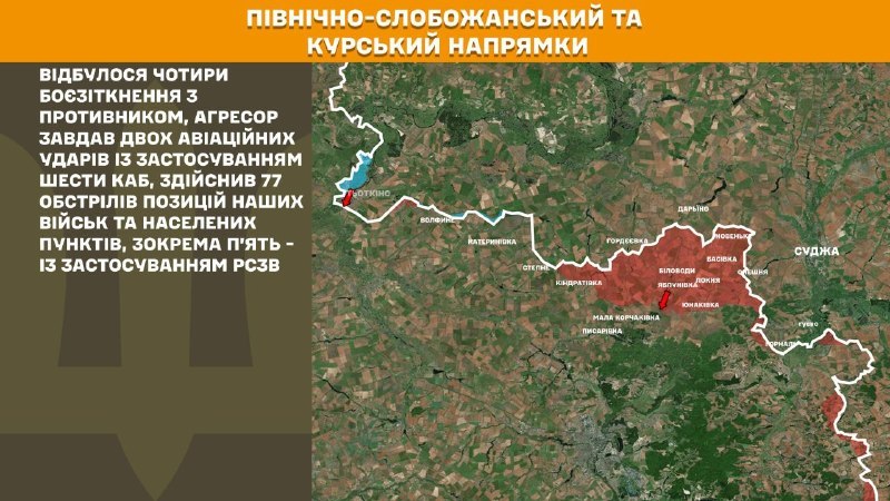 На Курському та Північно-Слобожанському (Сумському) напрямках українські війська відбили 4 атаки російської армії, – повідомляє Генеральний штаб Збройних сил України