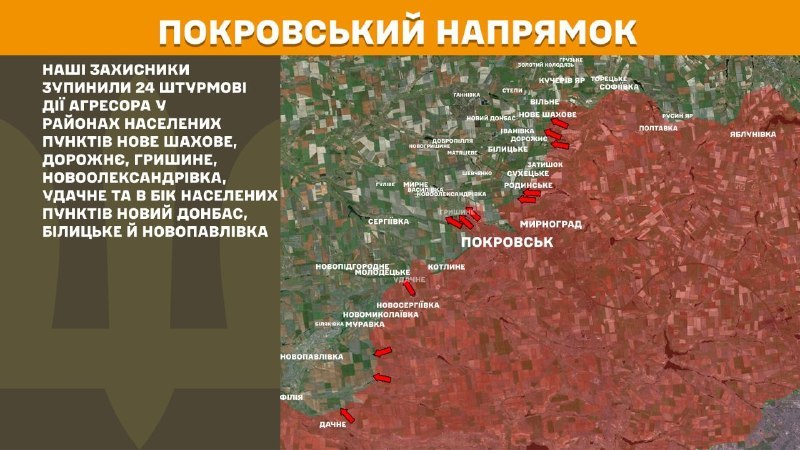 На Покровском направлении вчера произошли боестолкновения в районе Нового Шахового, Дорожного, Гришина, Новоалександровки, Удачного и в направлении Нового Донбасса, Белицкого и Новопавловки, - сообщает Генштаб ВСУ.