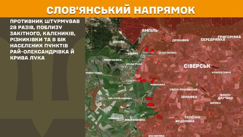 На славянском направлении вчера произошли боестолкновения в районе Закитного, Калеников, Резниковки и в направлении Рай-Александровка и Кривая Лука, - сообщает Генштаб ВСУ.