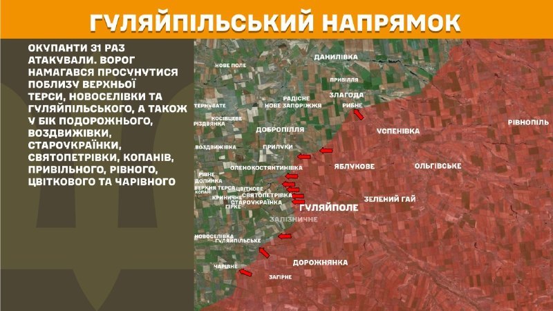 На Гуляйпільському напрямку вчора бойові дії тривали поблизу Верхньої Терси, Новоселівки та Гуляйпільського, а також у напрямку Подорожнього, Воздвижівки, Староукраїнки, Святопетрівки, Копані, Привільного, Рівного, Цвіткового та Чарівного, - повідомляє Генштаб ЗСУ.