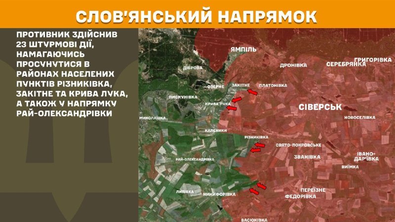 На Слов'янському напрямку вчора бойові дії біля Різниківки, Закітного та Кривої Луки, також у бік Рай-Олександрівки, - повідомляє Генштаб ЗСУ
