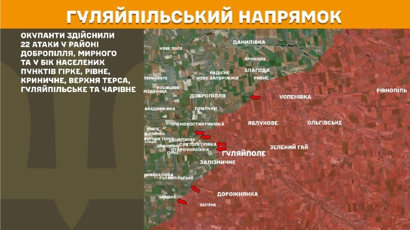 На Гуляйпільському напрямку вчора бойові дії тривали поблизу Добропілля, Мирного та в напрямку Гірки, Рівного, Криничного, Верхньої Терси, Гуляйпільського та Чарівного, - повідомляє Генштаб ЗСУ.
