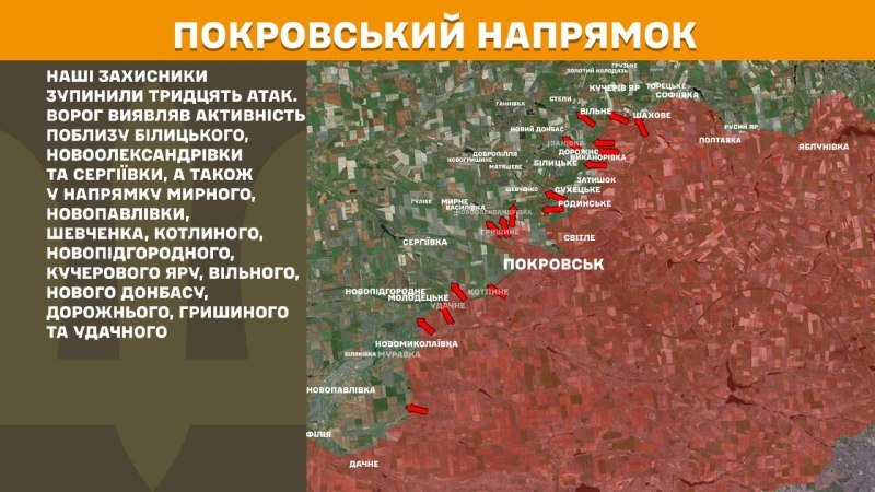 Ukrayna Silahlı Kuvvetleri Genelkurmay Başkanlığı, Pokrovsk yönünde dün Bilytske, Novooleksandrivka ve Serhiyivka yakınlarında, ayrıca Myrne, Novopavlivka, Shevchenko, Kotlyne, Novopidhorodne, Kucheriv Yar, Vilne, Novyi Donbas, Dorozhne, Hryshyne ve Udachne'ye doğru çatışmalar yaşandığını bildirdi.