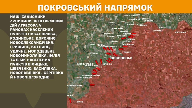 На Покровському напрямку вчора бойові дії тривали поблизу Никанорівки, Родинського, Дорожнього, Новоолександрівки, Гришиного, Котлиного, Удачного, Молодецького, Новомиколаївки, Філій та в напрямку міст Білицьке, Шевченко, Василівка, Новопавлівка, Сергіївка та Новопідгороднє, - повідомляє Генштаб ЗСУ.