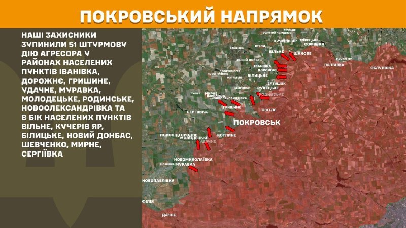 На Покровському напрямку вчора бойові дії тривали поблизу Іванівки, Дорожнього, Гришиного, Удачного, Муравки, Молодецького, Родинського, Новоолександрівки та в напрямку Вільного, Кучерів Яр, Білицького, Нового Донбасу, Шевченка, Мирного, Сергіївки, - повідомляє Генштаб ЗСУ.