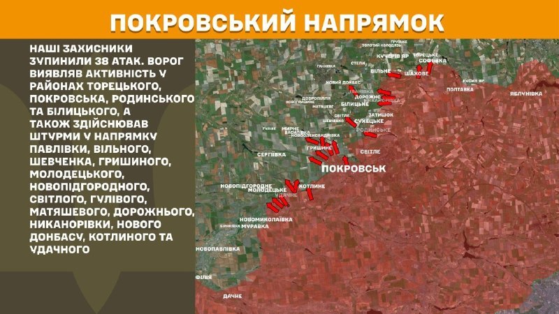 На Покровському напрямку вчора ведуться бойові дії поблизу Торецького, Покровська, Родинського та Білицького, а також у напрямку Павлівки, Вільного, Шевченка, Гришиного, Молодецького, Новопідгороднього, Світлого, Гулового, Матяшевого, Дорожнього, Никанорівки, Нового Донбасу, Котлиного та Удачного, - повідомляє Генштаб ЗСУ.