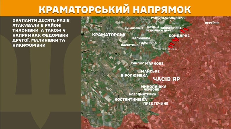 Ukrayna Silahlı Kuvvetleri Genelkurmay Başkanlığı'ndan yapılan açıklamaya göre, Kramatorsk bölgesinde dün Fedorivka Druha, Malynivka ve Nykyforivka yakınlarında çatışmalar yaşandı.