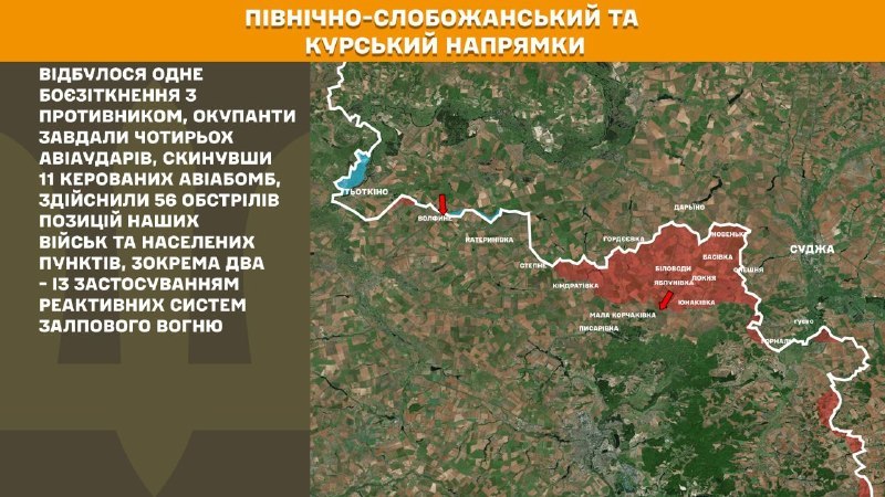 Ukrayna Silahlı Kuvvetleri Genelkurmay Başkanlığı'ndan yapılan açıklamaya göre, Kursk ve Kuzey Slobozhansky (Sumy) yönünde Ukrayna kuvvetleri Rus ordusunun 1 saldırısını püskürttü.