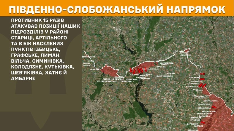 Ukrayna Silahlı Kuvvetleri Genelkurmay Başkanlığı, dün Güney Slobozhansky (Kharkiv) yönünde Artilne, Izbytske, Hrafske, Lyman, Vilcha, Symynivka, Kolodyazne, Kutkivka, Shevyakivka, Khatnye, Ambarne yakınlarında çatışmalar yaşandığını bildirdi.