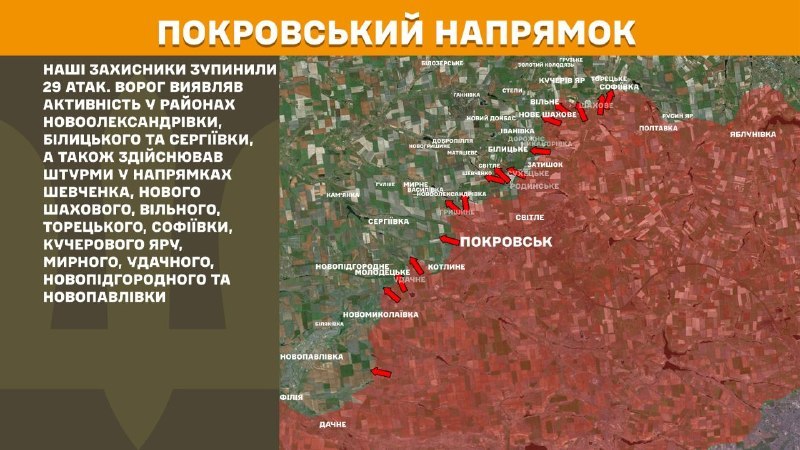 Ukrayna Silahlı Kuvvetleri Genelkurmay Başkanlığı, dün Pokrovsk yönünde Novooleksandrivka, Bilytske ve Serhiyivka'nın yanı sıra Shevchenko, Nove Shakhove, Vilne, Toretske, Sofiyivka, Kucheriv Yar, Myrne, Udachne, Novopidhorodne ve Novopavlivka yakınlarında çatışmalar yaşandığını bildirdi.