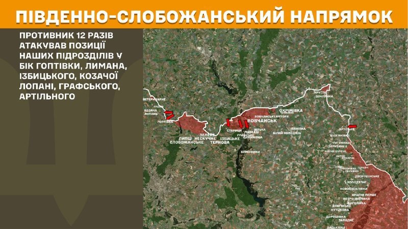 На південно-слобожанському (харківському) напрямку вчора тривали бої поблизу Гоптівки, Лимана, Ізбицького, Козачої Лопані, Графського, Артильного, повідомляє Генеральний штаб Збройних сил України