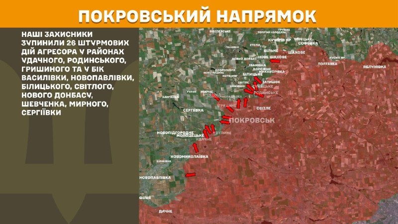На Покровському напрямку вчора бойові дії тривали поблизу Удачного, Родинського, Гришиного, Василівки, Новопавлівки, Білицького, Світлого, Нового Донбасу, Шевченка, Мирного, Сергіївки, - повідомляє Генштаб ЗСУ.