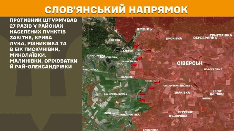 На славянском направлении вчера произошли боестолкновения в районе Закитного, Кривой Луки, Ризниковки, Пискуновки, Николаевки, Малиновки, Ореховатки, Рай-Александровки, - сообщает Генштаб ВСУ.