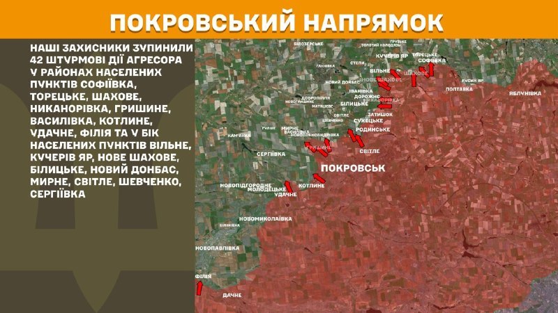 Ukrayna Silahlı Kuvvetleri Genelkurmay Başkanlığı'ndan yapılan açıklamaya göre dün Pokrovsk istikametinde Sofiyivka, Toretske, Shakhove, Nykanorivka, Hryshyne, Vasylivka, Kotlyne, Udachne, Filiya, Vilne, Kucheriv Yar, Nove Shakhove, Bilytske, Novyy Donbas, Myrne, Svitle, Shevchenko, Serhiyivka yakınlarında çatışmalar yaşandı.