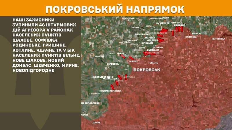 Ukrayna Silahlı Kuvvetleri Genelkurmay Başkanlığı, dün Pokrovsk yönünde Shakhove, Sofiyivka, Rodynske, Hryshyne, Kotlyne, Udachne yakınlarında ve Vilne, Nove Shakhove, Novyy Donbas, Shevchenko, Myrne, Novopidhorodnie kasabalarına doğru çatışmalar yaşandığını bildirdi.