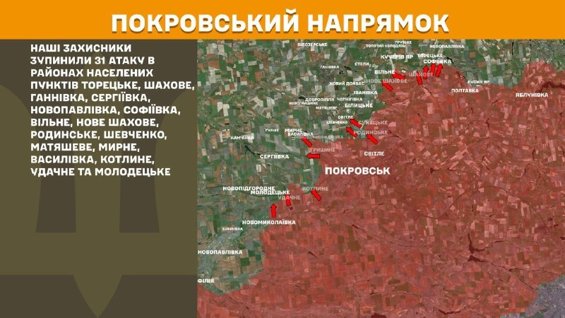 На Покровському напрямку вчора бойові дії тривали в районах Торецьке, Шахове, Ганнівка, Сергіївка, Новопавлівка, Софіївка, Вільне, Нове Шахове, Родинське, Шевченко, Матяшеве, Мирне, Василівка, Котлине, Удачне та Молодецьке, - повідомляє Генштаб ЗСУ.