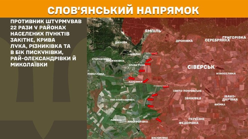 На Слов'янському напрямку вчора бойові дії тривали поблизу Закітного, Кривої Луки, Різниківки, Пискунівки, Рай-Олександрівки, Миколаївки, - повідомляє Генштаб ЗСУ