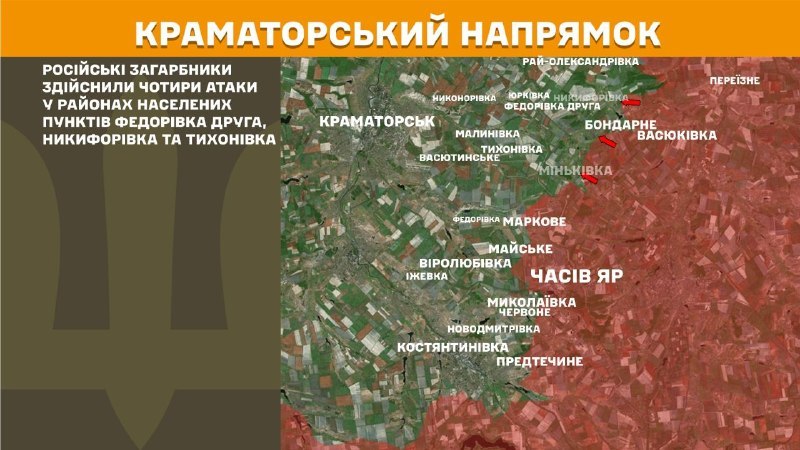 На Краматорському напрямку вчора бойові дії тривали поблизу Федорівки Другої, Никифорівки, Тихонівки, - повідомляє Генштаб ЗСУ