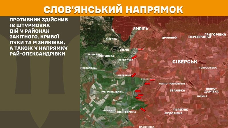 At Sloviansk direction clashes yesterday near Zakitne, Kryva Luka, Riznykivka, Ray-Oleksandrivka, - General Staff of Armed Forces of Ukraine reports