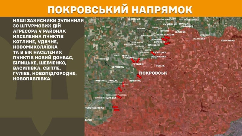 Ukrayna Silahlı Kuvvetleri Genelkurmay Başkanlığı, dün Pokrovsk yönünde Kotlyne, Udachne, Novomykolayivka, Novyy Donbas, Bilytske, Shevchenko, Vasylivka, Svitle, Hulive, Novopidhorodnie, Novopavlivka yakınlarında çatışmalar yaşandığını bildirdi.