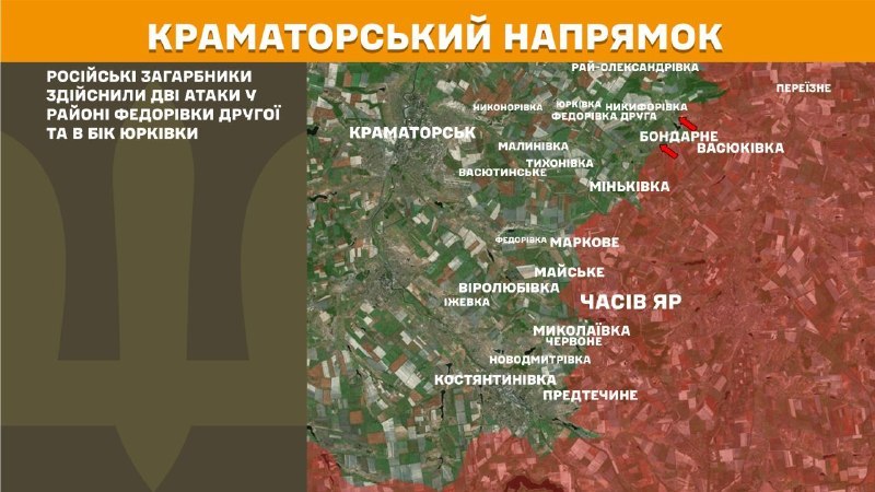 Ayer se produjeron enfrentamientos en la dirección de Kramatorsk, cerca de Fedorivka Druha, Yurkivka, según informa el Estado Mayor de las Fuerzas Armadas de Ucrania.