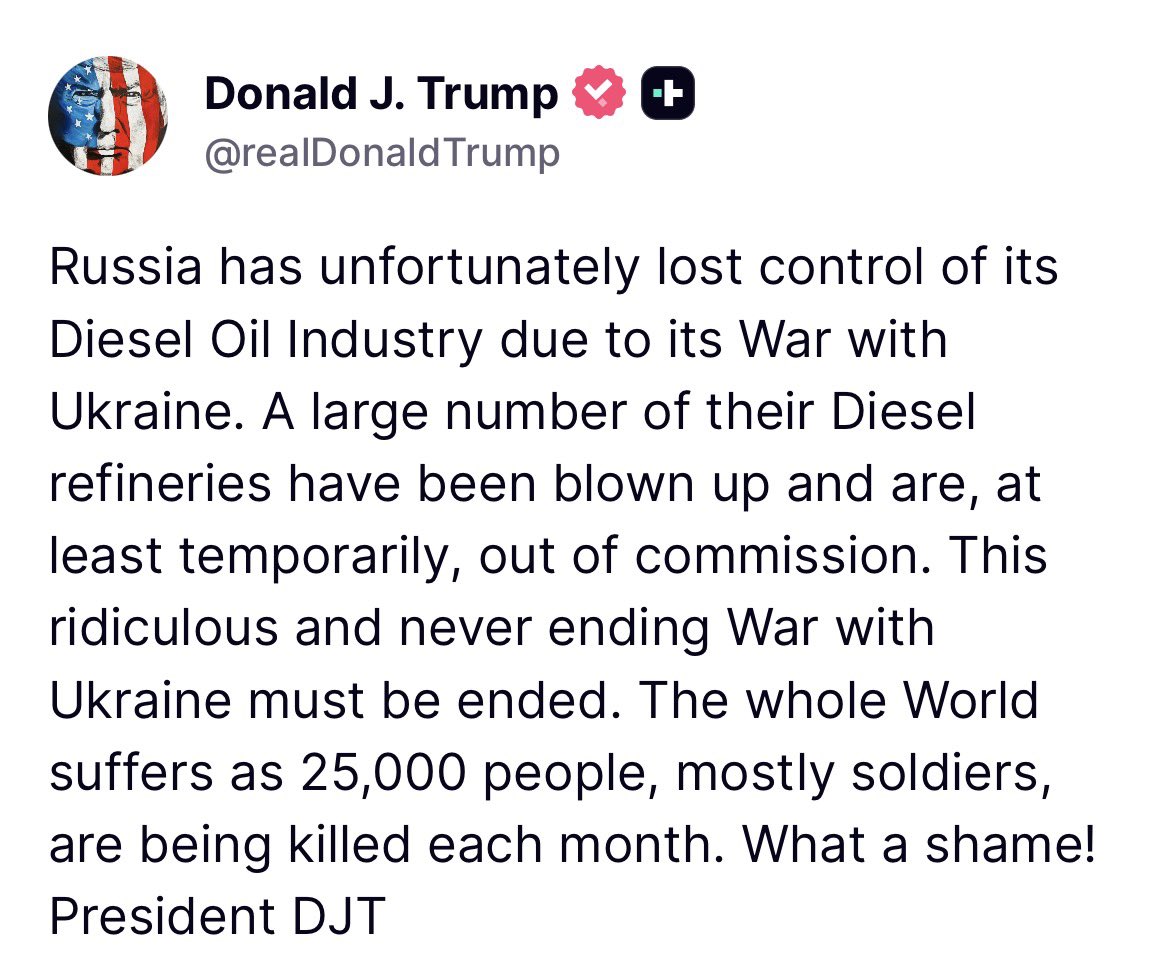 Президент США Дональд Дж. Трамп сьогодні вранці опублікував допис у своєму додатку Truth Social, в якому висвітлив втрати російської енергетичної інфраструктури під час війни з Україною, додавши, що Ця абсурдна та нескінченна війна з Україною має бути припинена.