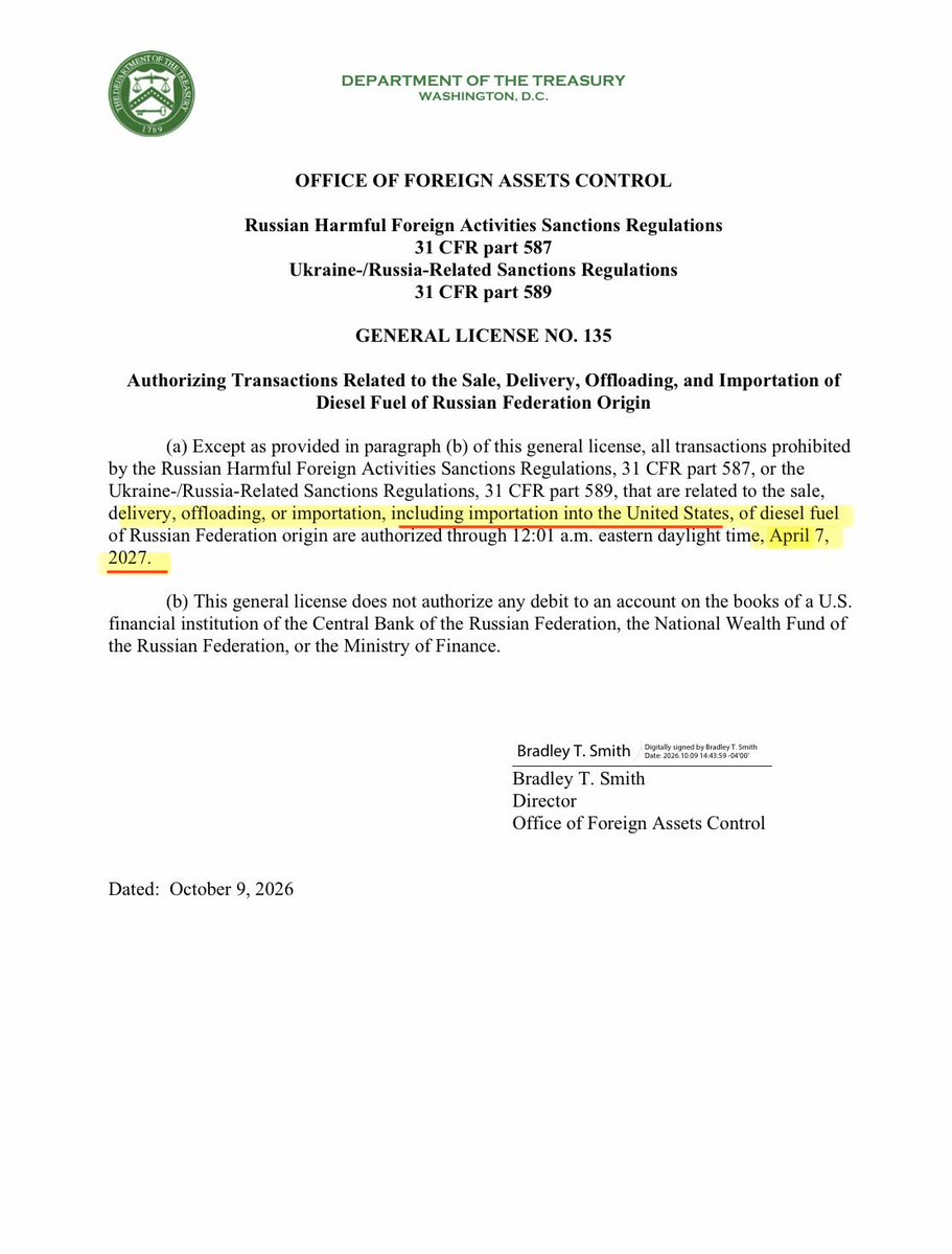 Treasury confirms the U.S. is lifting sanctions on Russian diesel exports (including into the U.S.) until April 2027