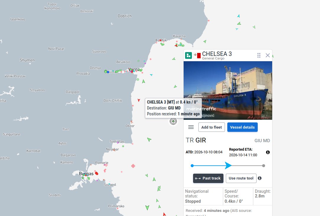 Otro buque fue alcanzado frente a la costa de Bulgaria, a 18 millas de la localidad de Byala, en el mar Negro. Es el segundo ataque en una semana; el anterior ocurrió a 70 km al este de Byala. El Chelsea 3 es un carguero con bandera de Malta gestionado por Black Sea Shipping Management, con sede en Odesa, Ucrania. Doce tripulantes, ciudadanos de Ucrania y Azerbaiyán, resultaron heridos.